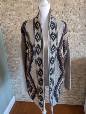Southwestern Aztec Print Boho Cardigan Open Front Western Sweater Medium Duster